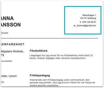 kontaktuppgifter på cv